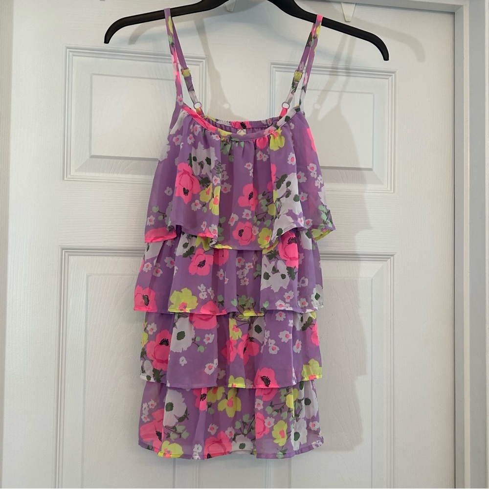 Cherokee Purple Floral Tiered Ruffle Top Girls Size XL